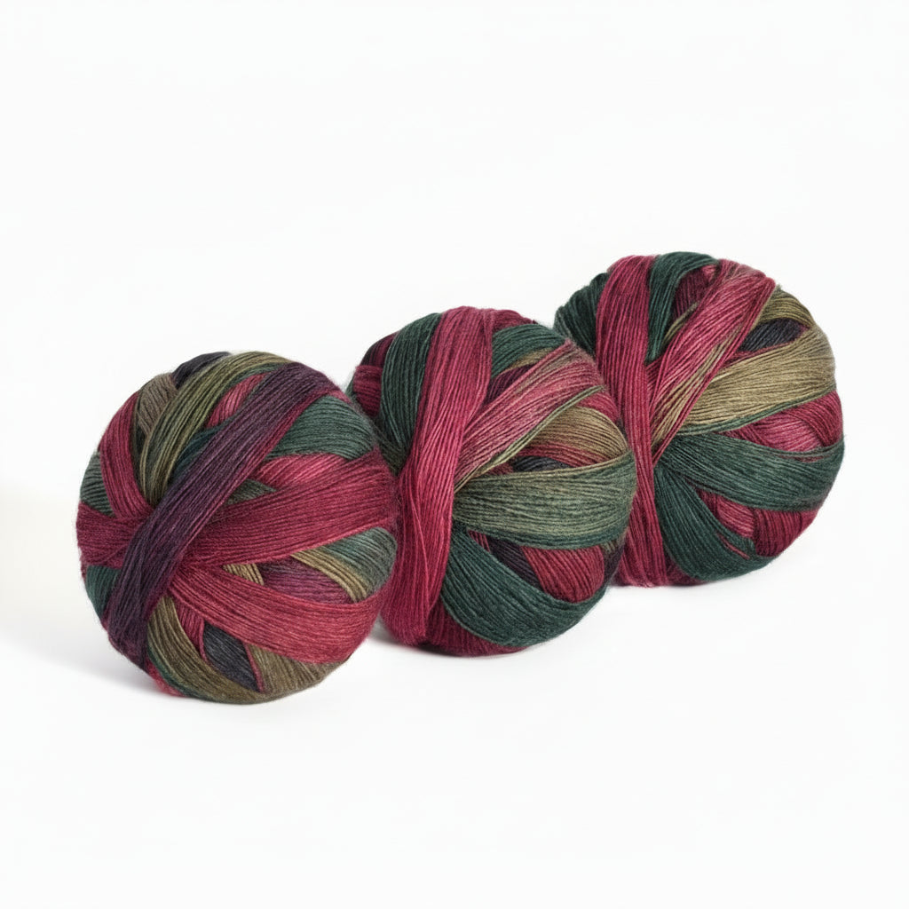 Three skeins of multicolored yarn on a white background with text indicating weight and color code.