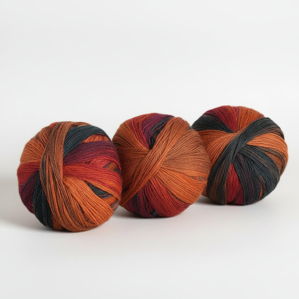 Three skeins of multicolored yarn with color code 613 and weight information on a white background.