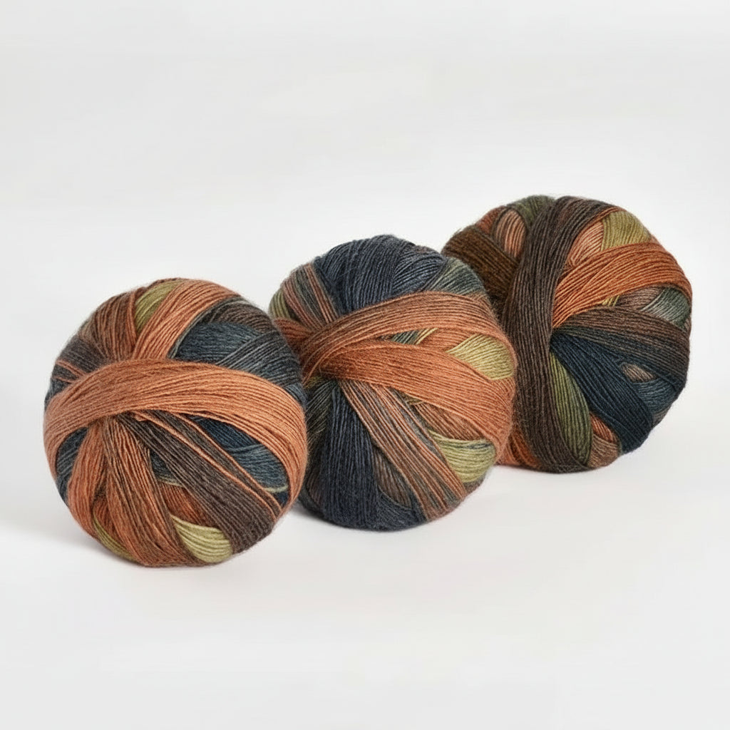 Three skeins of multicolored yarn on a white background with text indicating color code and weight.